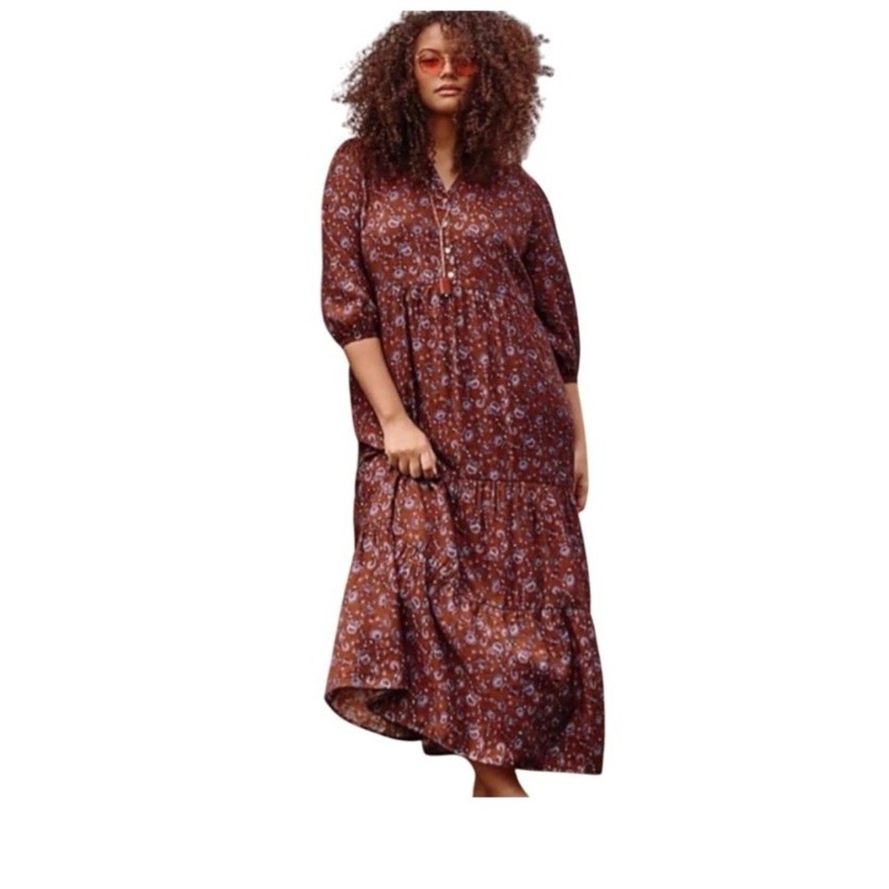 J Jill Sz Small Maxi Dress Tiered 3/4 Sleeves Brown Purple Floral Women's